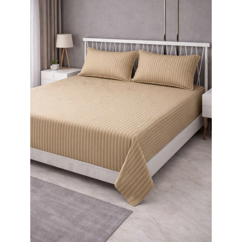 Beige Polycotton Striped Bedsheet with 2 pillow covers