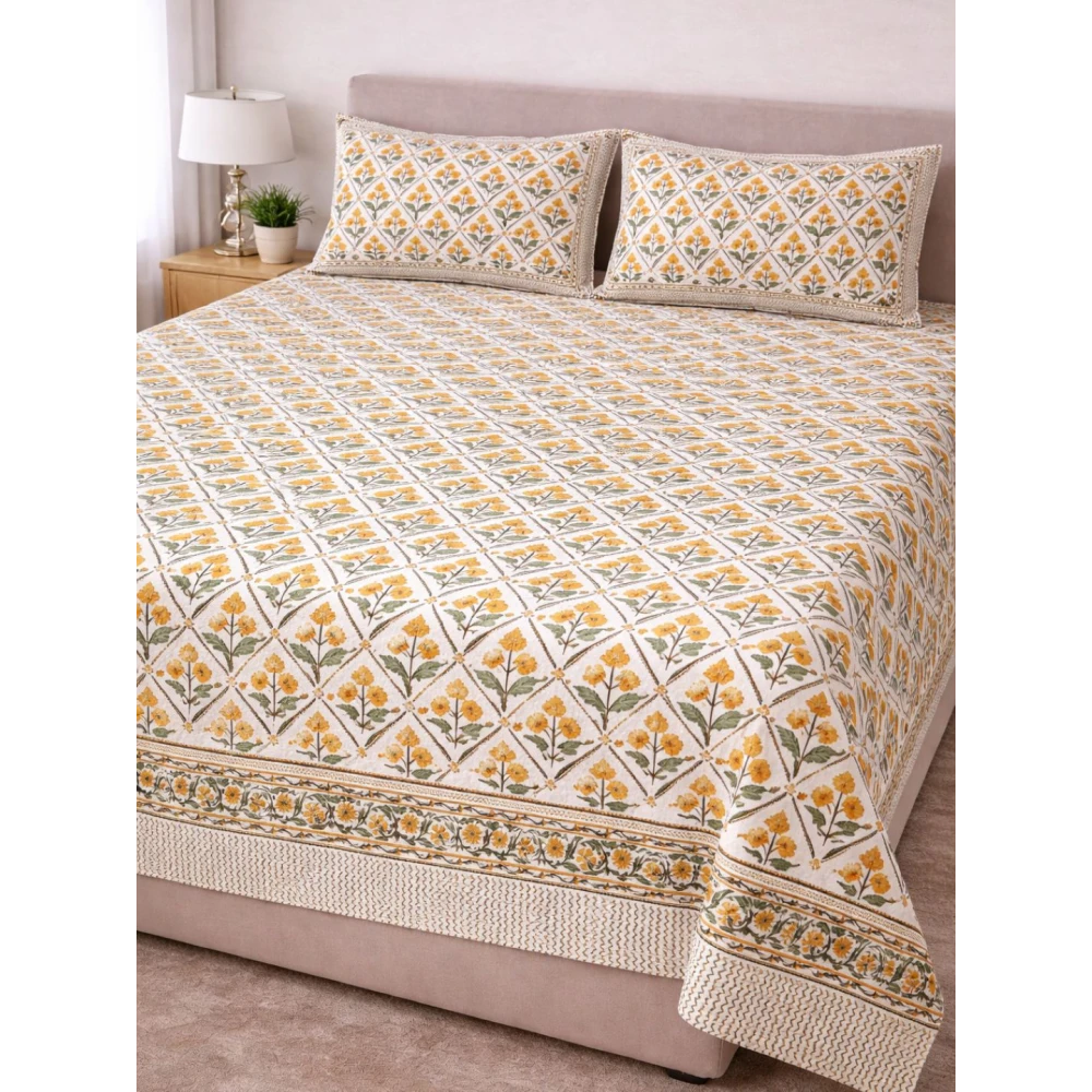 Traditional Handblock Percale Cotton Bedsheet with a Set of Two Pillow Covers