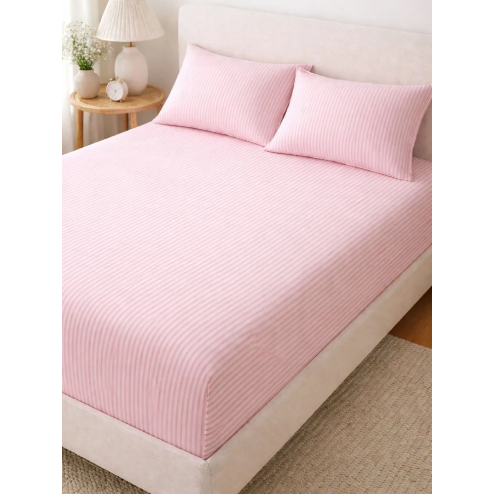 Pink Polycotton Striped Bedsheet with 2 pillow covers