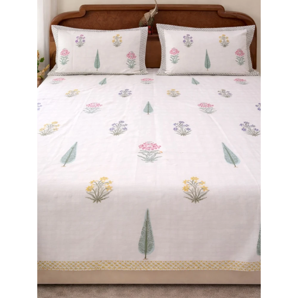 Handblock Percale Cotton Bedsheet Set (Includes 2 Pillow Covers)