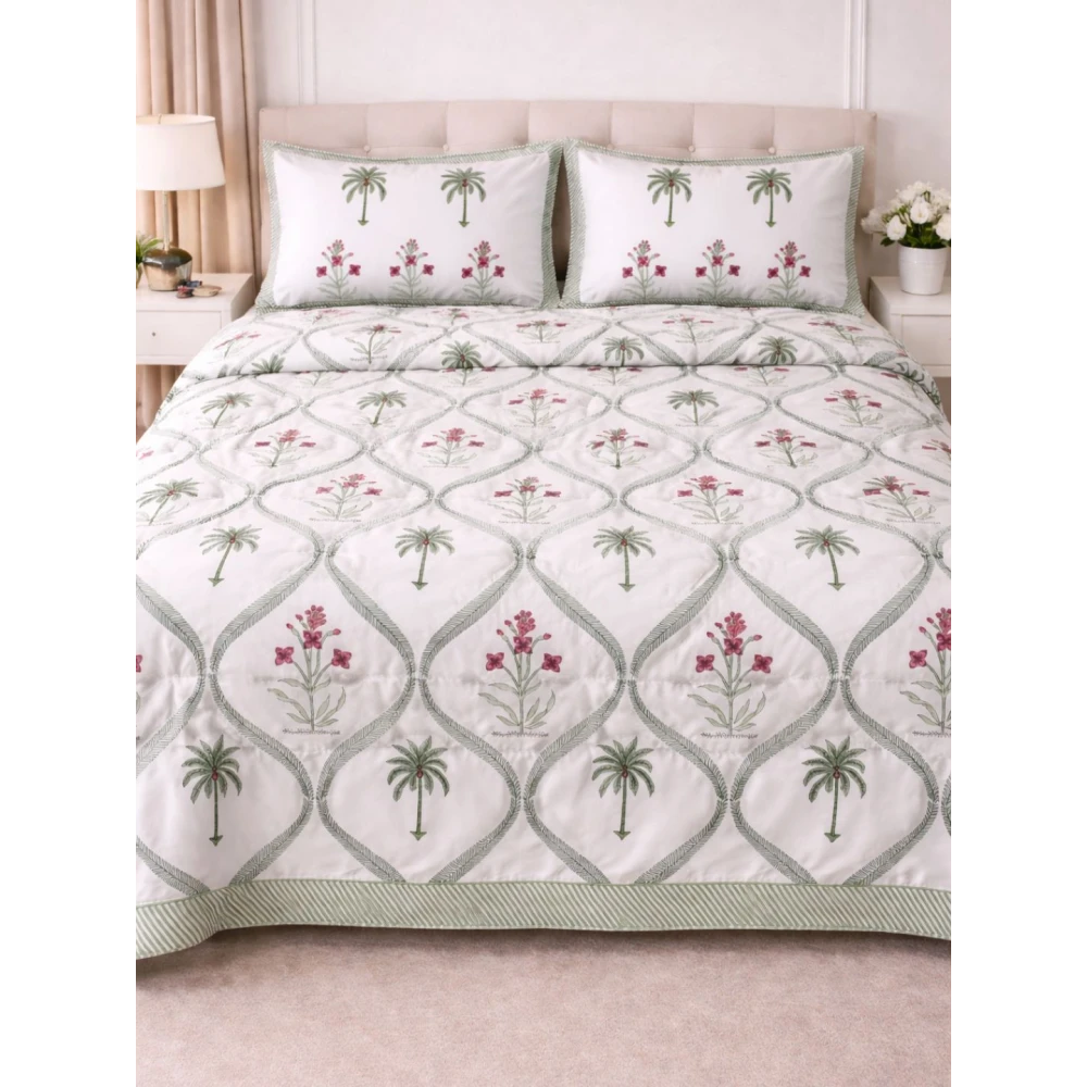 Handblock Percale Cotton Bedsheet with 2 pillow covers in Multicolored