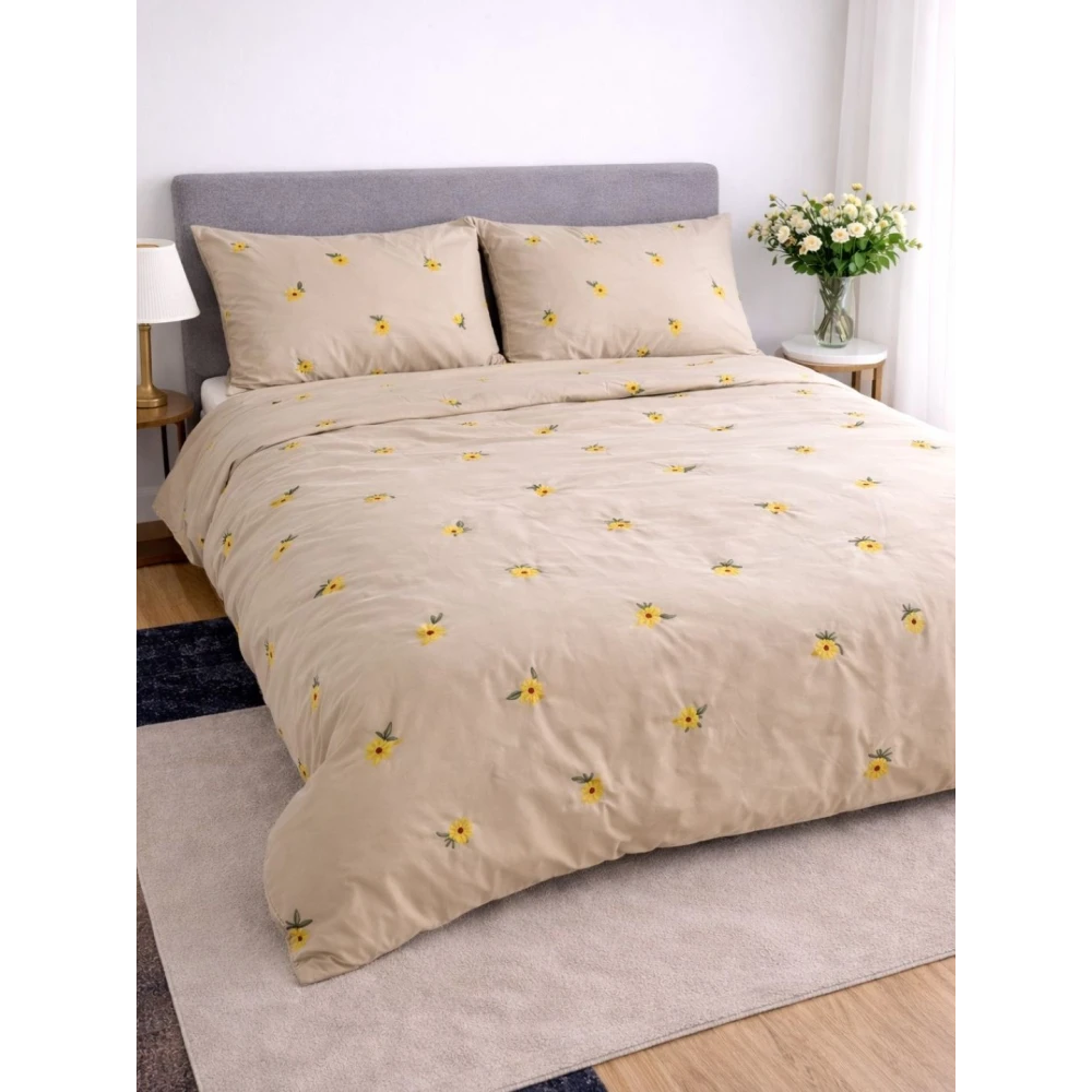 Embroided Cotton Bedsheet with 2 pillow covers (Cream)