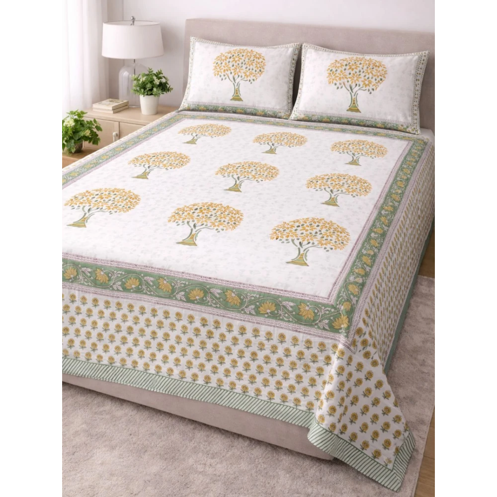 Handblock-Style Percale Cotton Bedsheet with Two Coordinated Pillow Covers