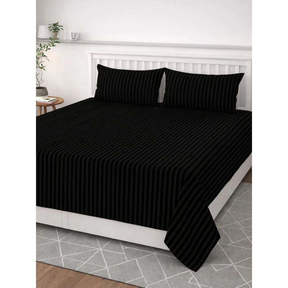 Black Polycotton Striped Bedsheet with 2 pillow covers