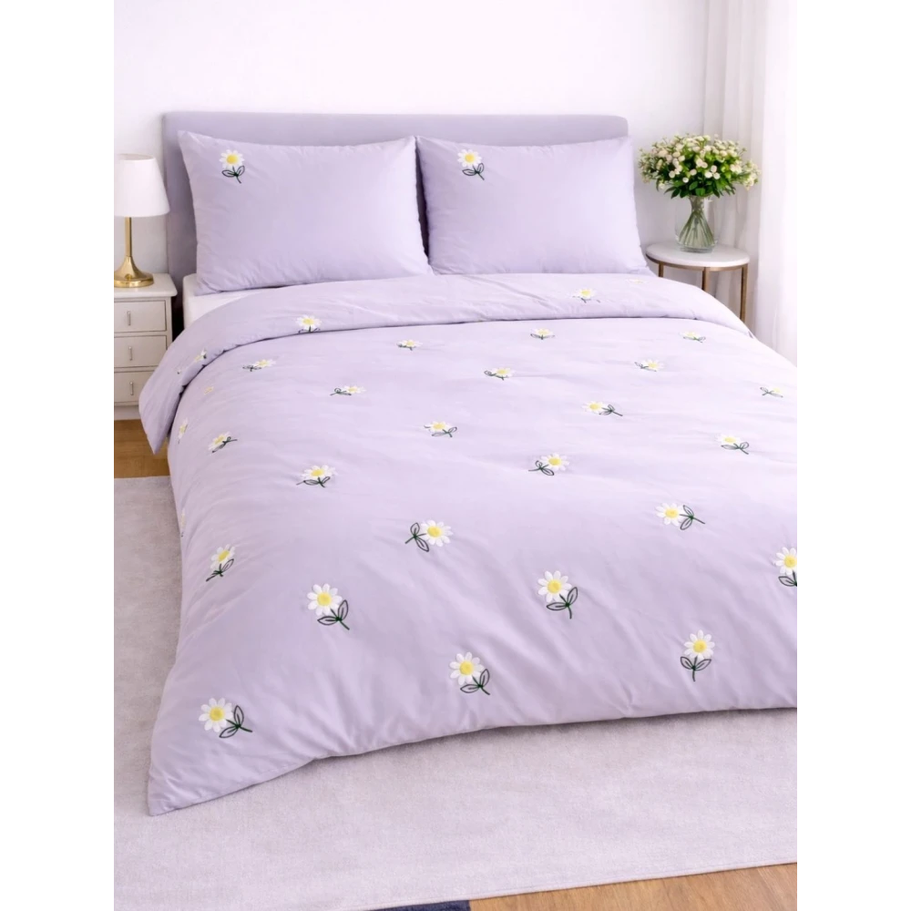 Embroided Cotton Bedsheet with 2 pillow covers (Purple)