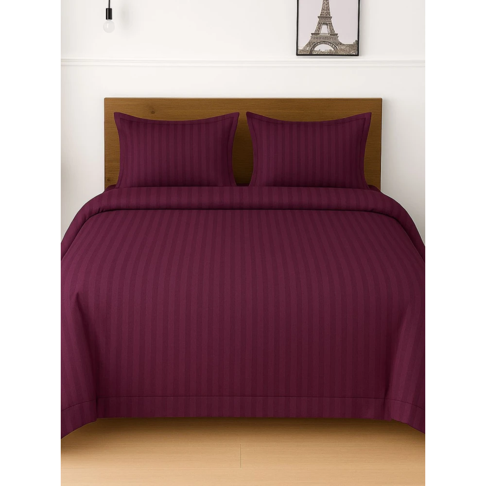 Wine Polycotton Striped Bedsheet with 2 pillow covers