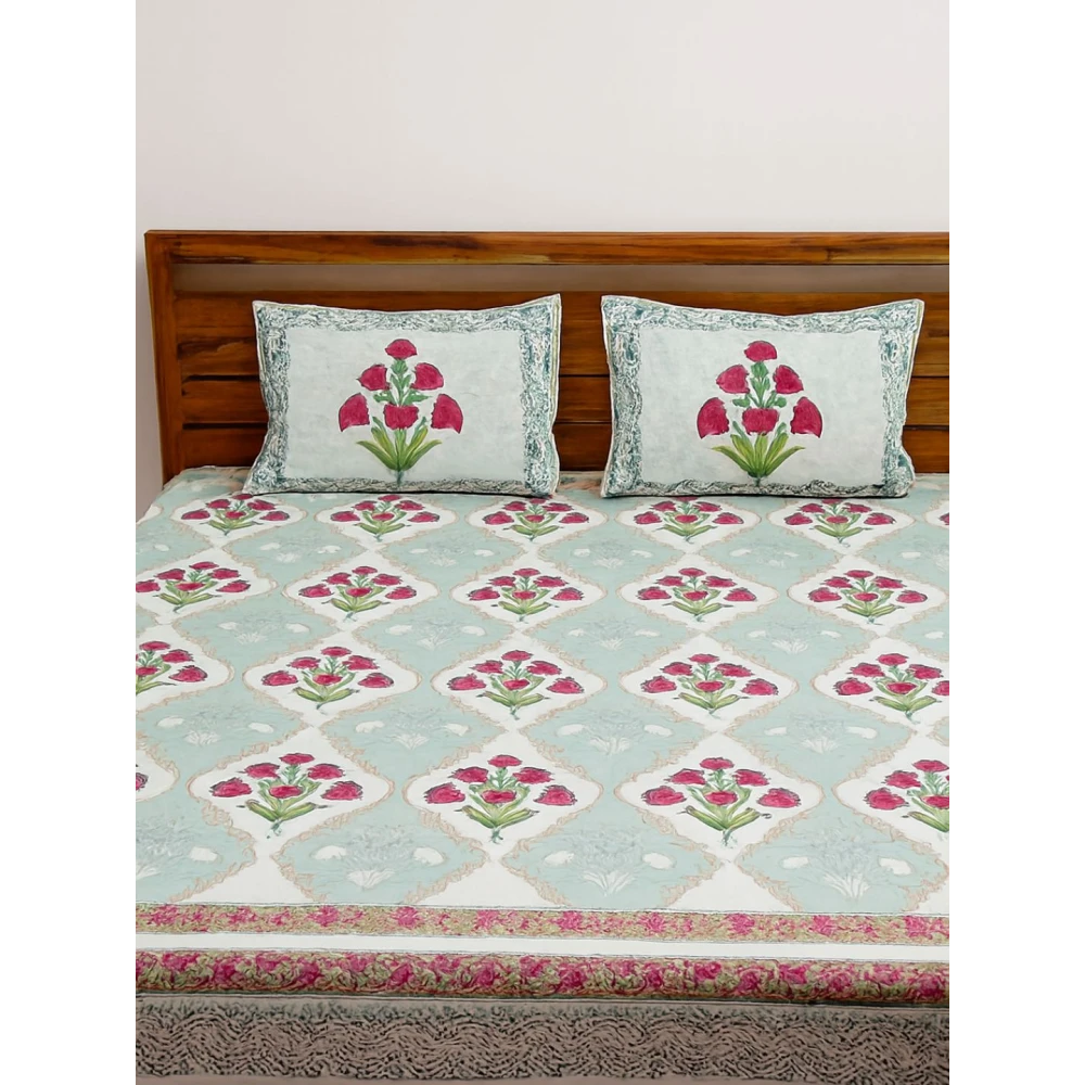 Handcrafted Handblock Percale Cotton Bedsheet with Matching Pair of Pillow Covers