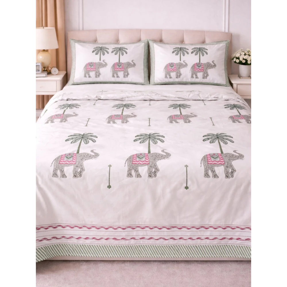 Handblock Percale Cotton Bedsheet with 2 pillow covers in aesthetic design