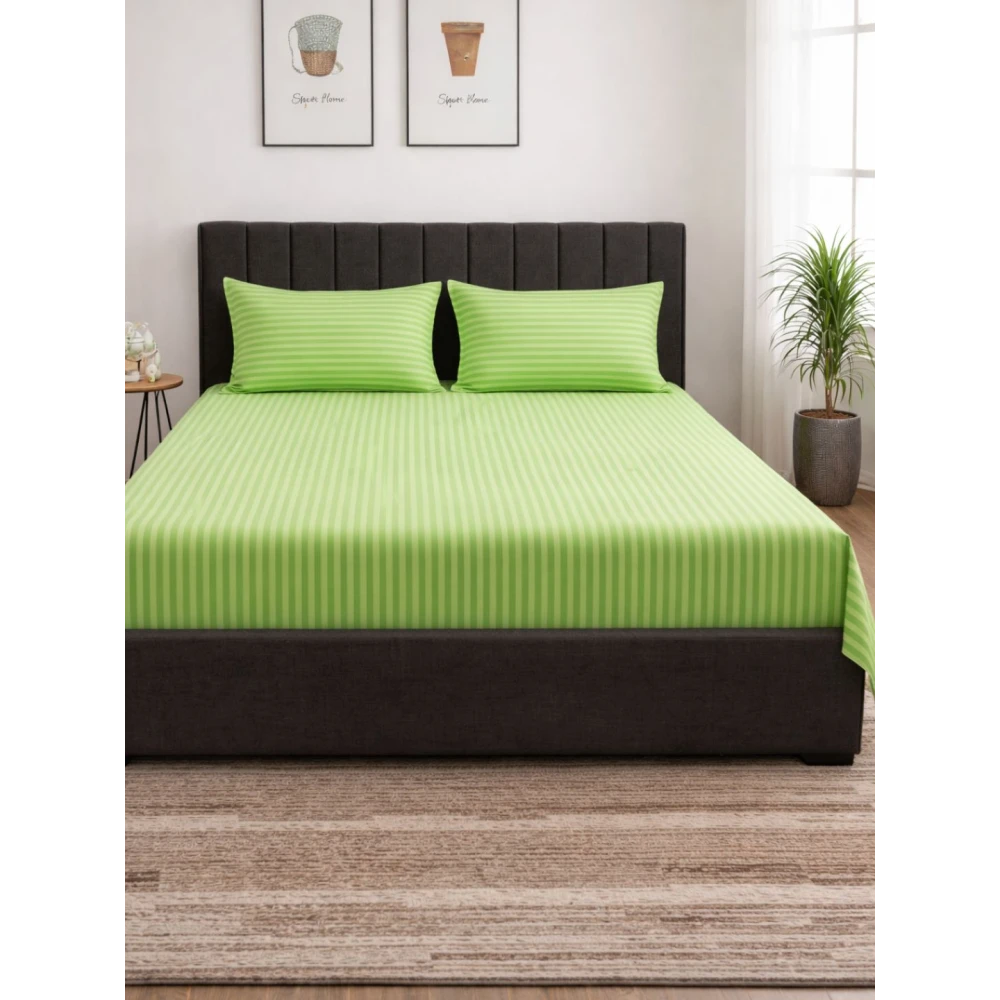 Light Green Polycotton Striped Bedsheet with 2 pillow covers