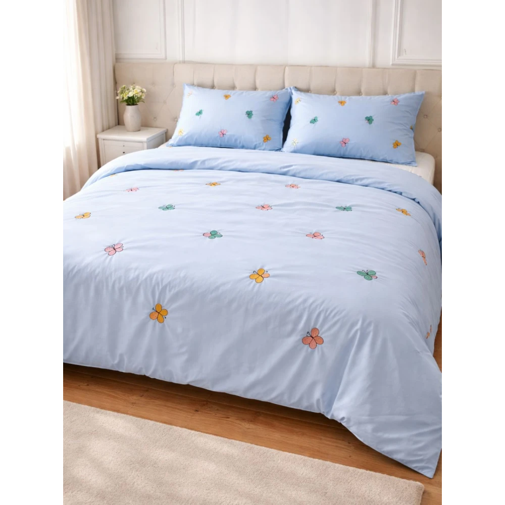 Embroided Cotton Bedsheet with 2 pillow covers (Blue)