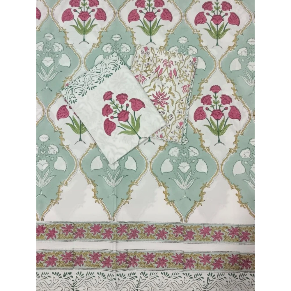 Handcrafted Handblock Percale Cotton Bedsheet with Matching Pair of Pillow Covers