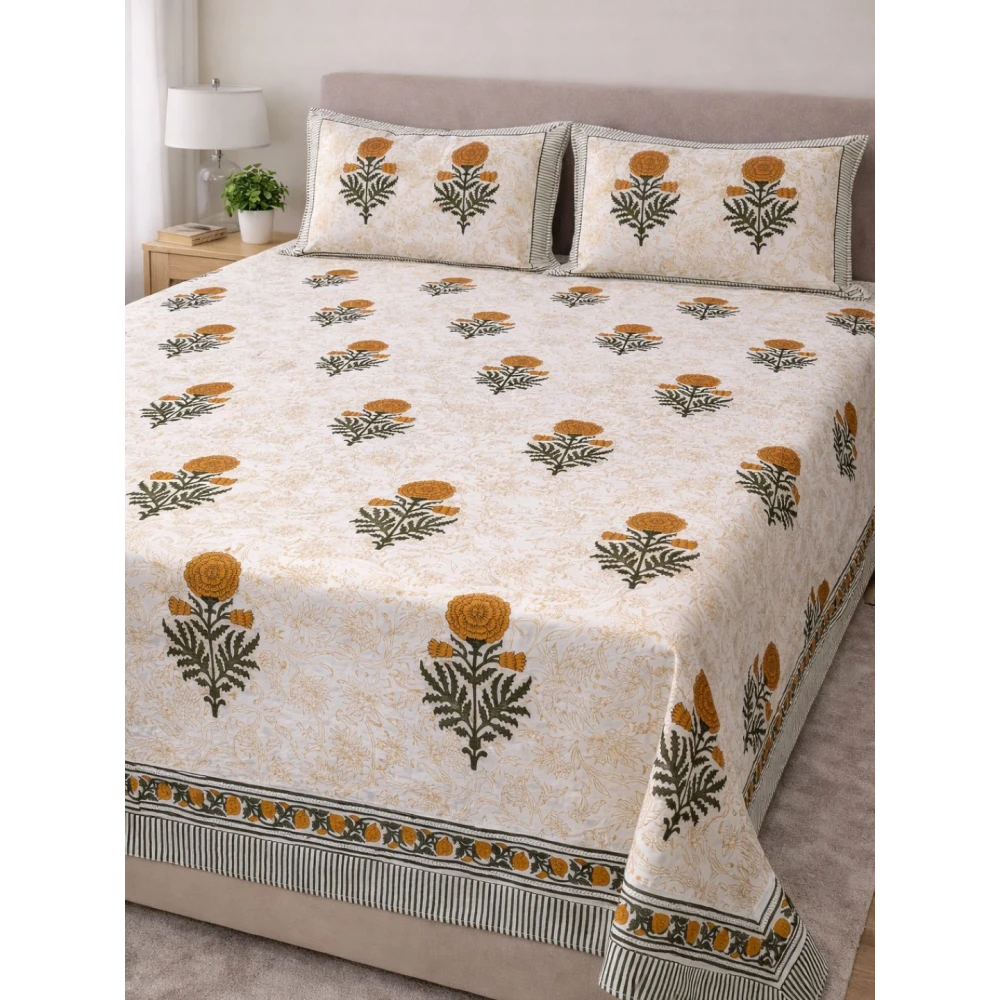 Classic Handblock Design Percale Cotton Bedsheet Set with 2 Matching Pillow Covers