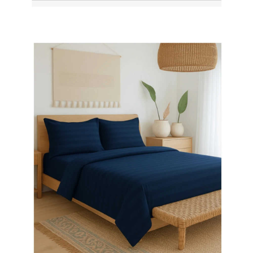 Navy Blue Polycotton Striped Bedsheet with 2 pillow covers