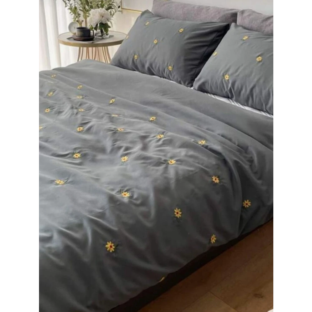 Embroided Cotton Bedsheet with 2 pillow covers (Gray)