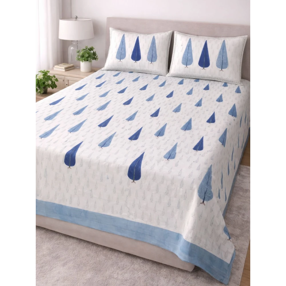 Handblock Percale Cotton Bedsheet with 2 pillow covers Multicolored