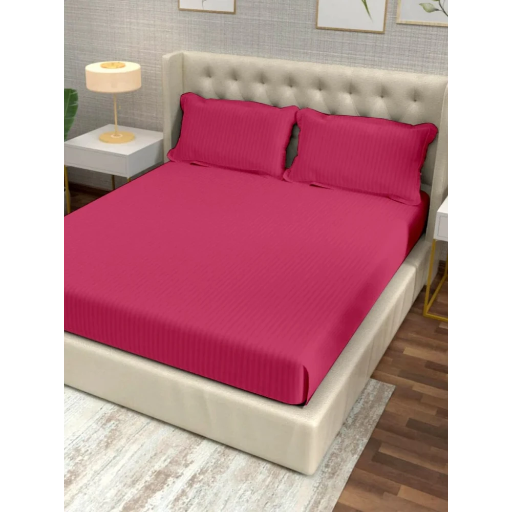 Dark Pink Polycotton Striped Bedsheet with 2 pillow covers