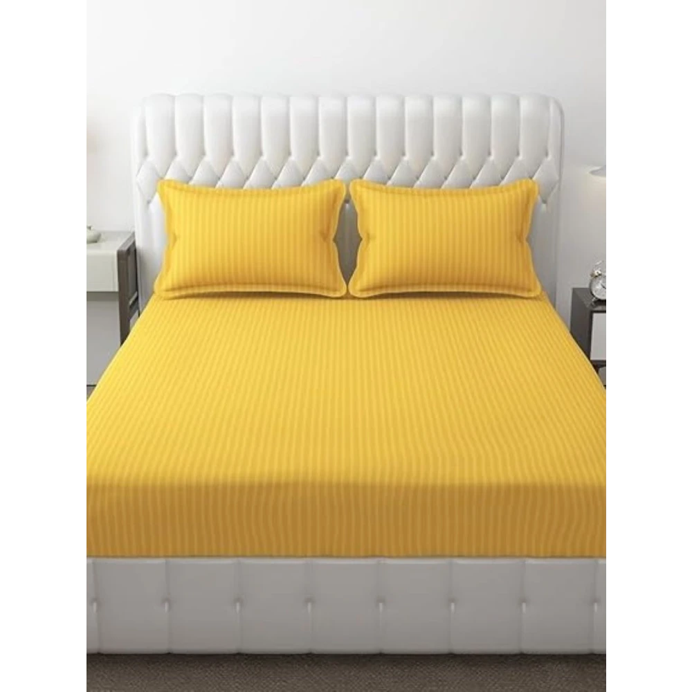 Yellow Polycotton Striped Bedsheet with 2 pillow covers