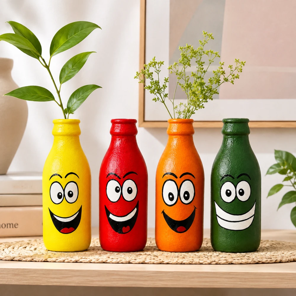 Rachnaya Happy Hues Set of 4 Hand-Painted Glass Bottle Vases | Colourful Handmade Smiley Decor for Kids Room, Desk & Gifting