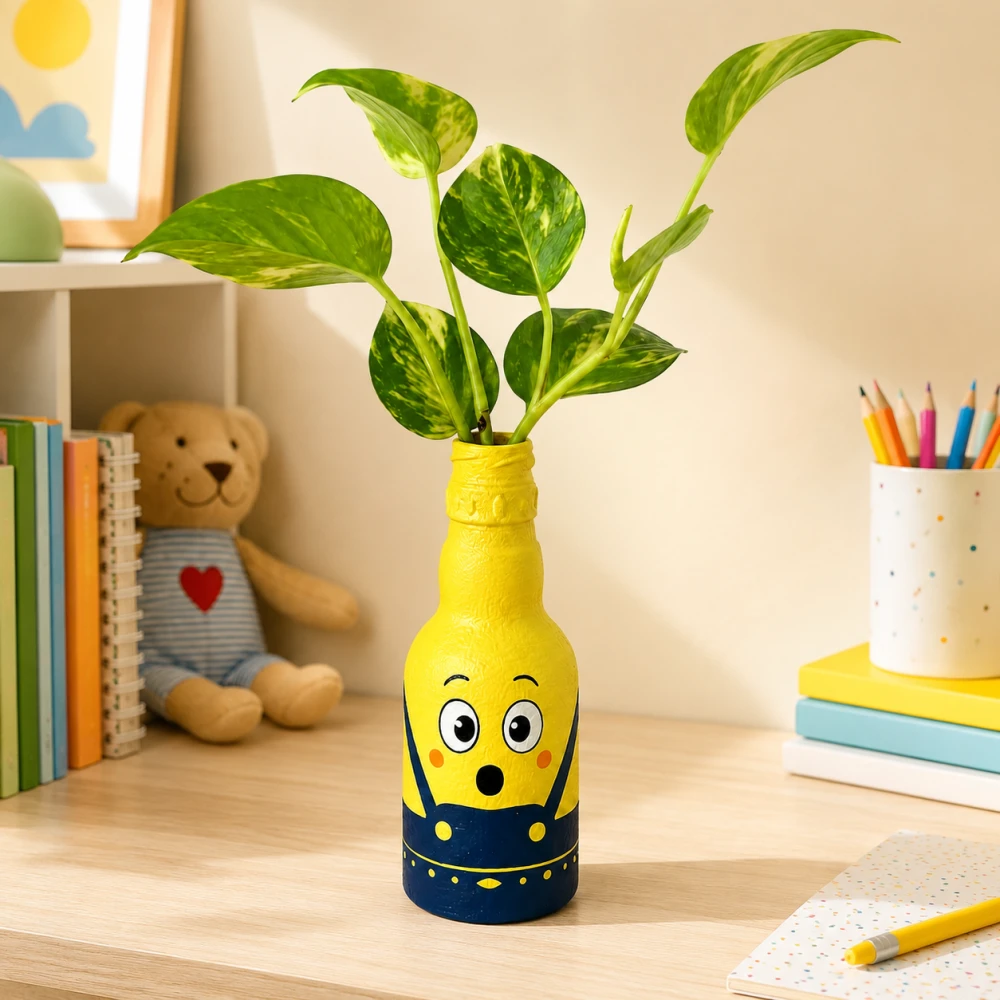 Rachnaya Sunny Buddy Hand-Painted Yellow Glass Bottle Vase | Cute Cartoon-Inspired Decorative Vase for Kids Room, Desk & Gifting