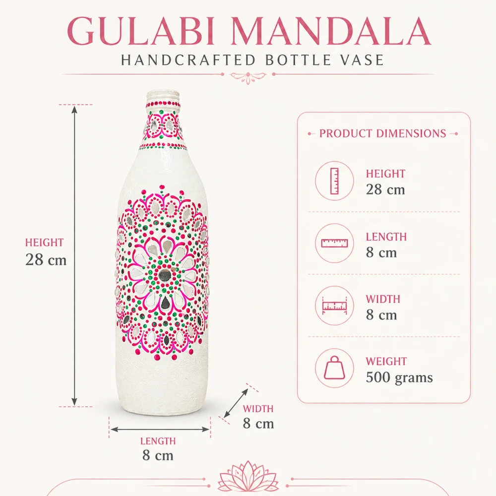 Rachnaya Gulabi Mandala Hand-Painted White Glass Bottle Vase | Handmade Mirror Work Mandala Vase for Home Decor & Gifting