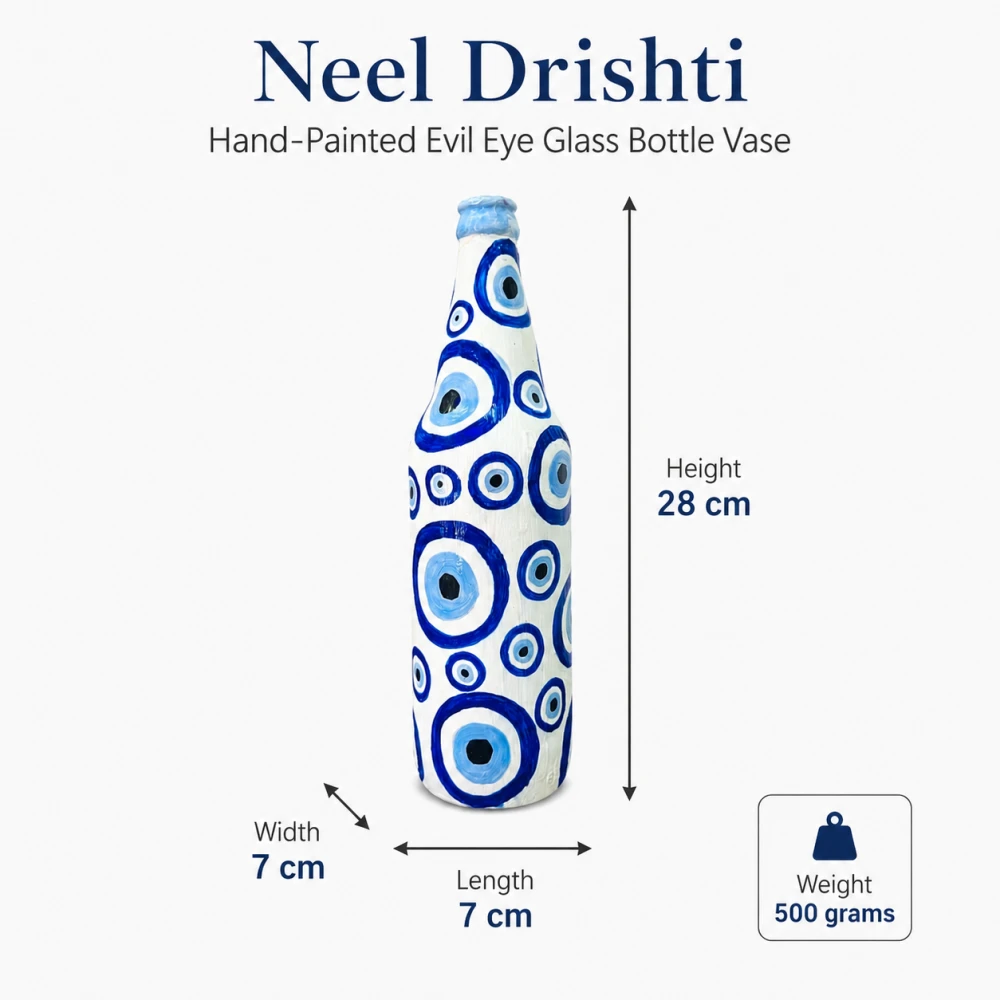 Rachnaya Neel Drishti Hand-Painted Evil Eye Glass Bottle Vase | Blue & White Handmade Decorative Vase for Home & Gifting