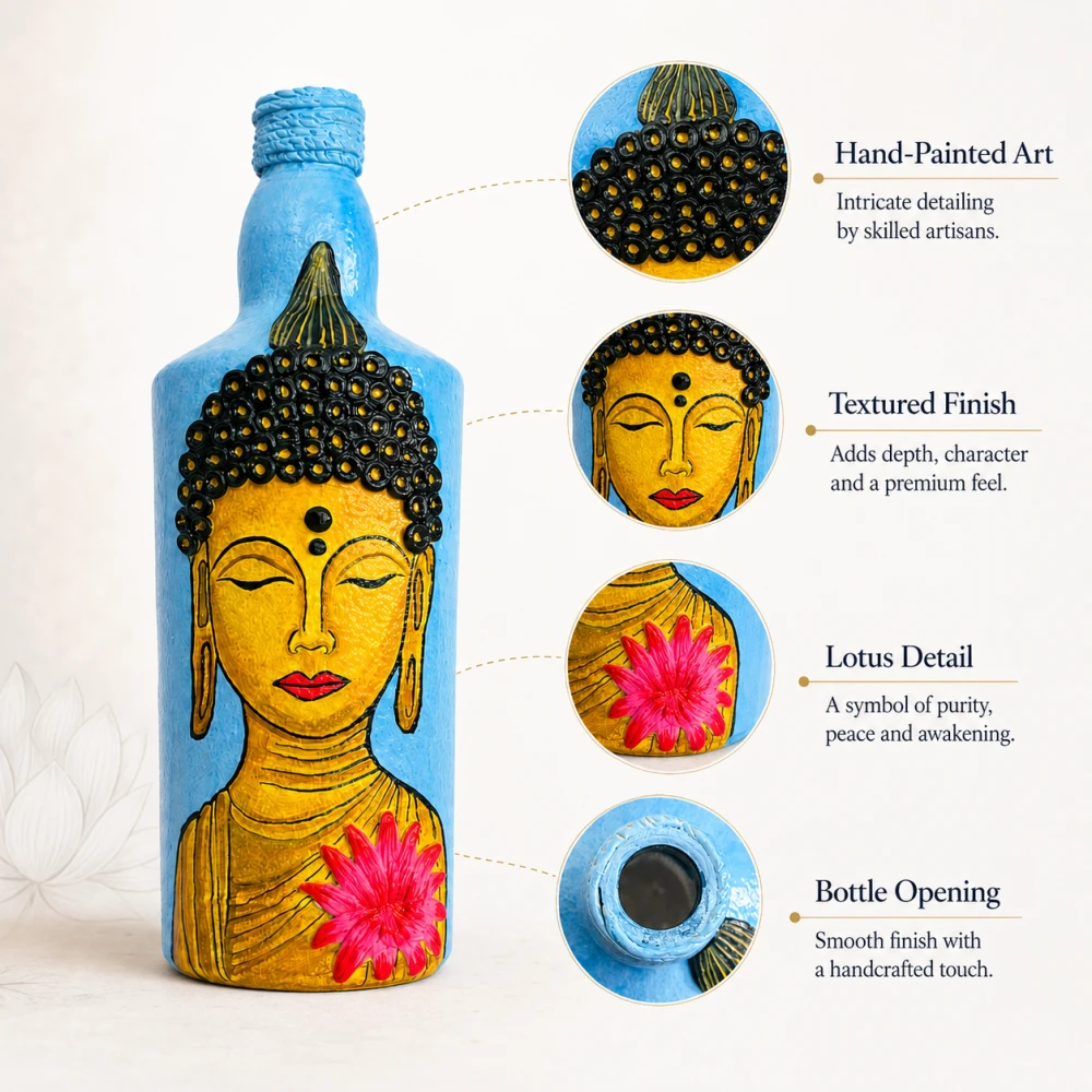 Rachnaya Bodhi Grace Hand-Painted Buddha Bottle | Handmade Decorative bottle, Living Room & Meditation Decor