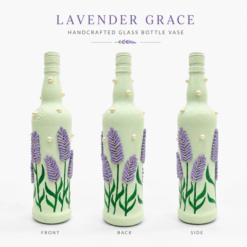 Rachnaya Lavender Grace Handcrafted Glass Bottle Vase | Lavender Floral Vase with Pearl Detailing for Home & Table Decor