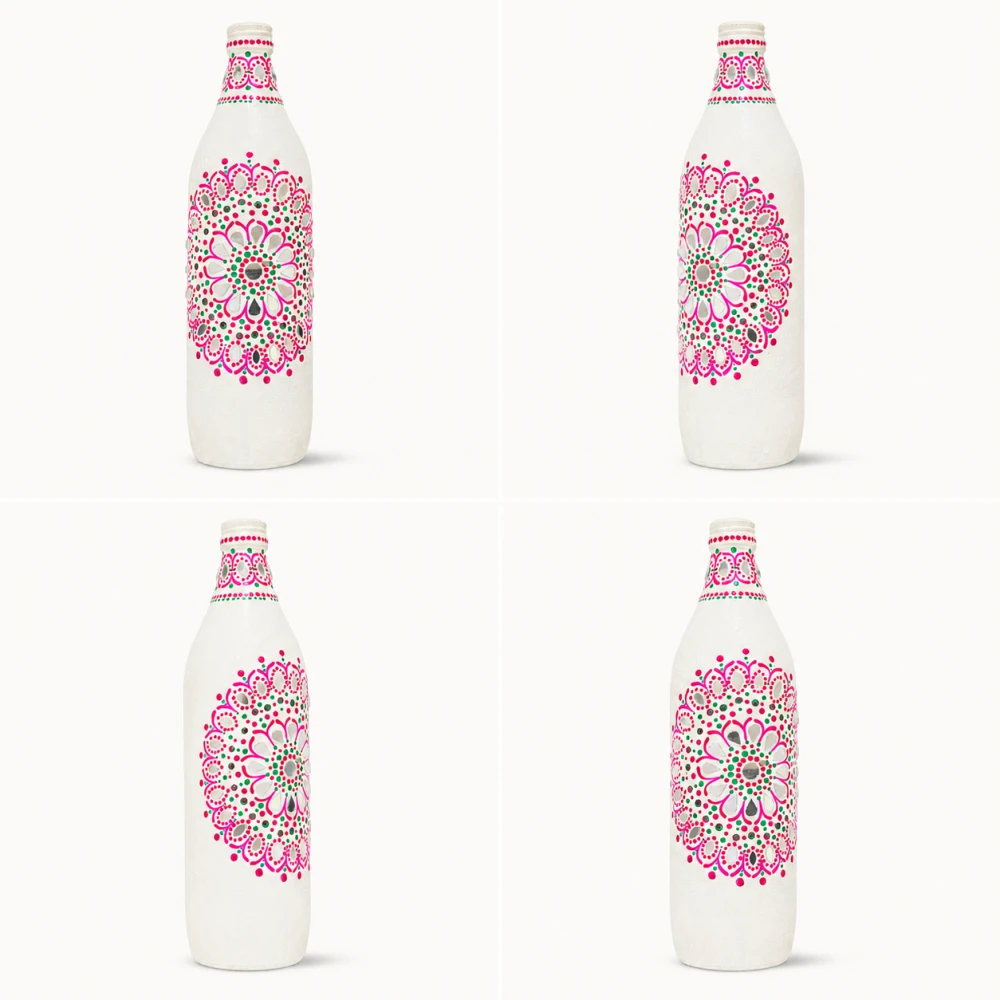 Rachnaya Gulabi Mandala Hand-Painted White Glass Bottle Vase | Handmade Mirror Work Mandala Vase for Home Decor & Gifting