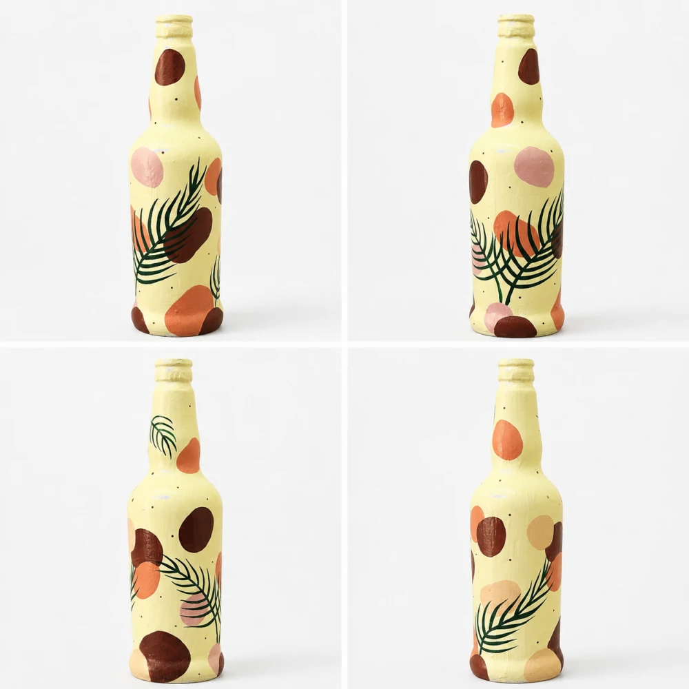 Rachnaya Terra Palm Hand-Painted Glass Bottle Vase | Handmade Boho Tropical Leaf Decorative Vase for Home & Table Decor