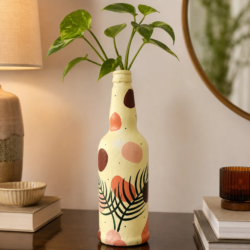 Rachnaya Terra Palm Hand-Painted Glass Bottle Vase | Handmade Boho Tropical Leaf Decorative Vase for Home & Table Decor