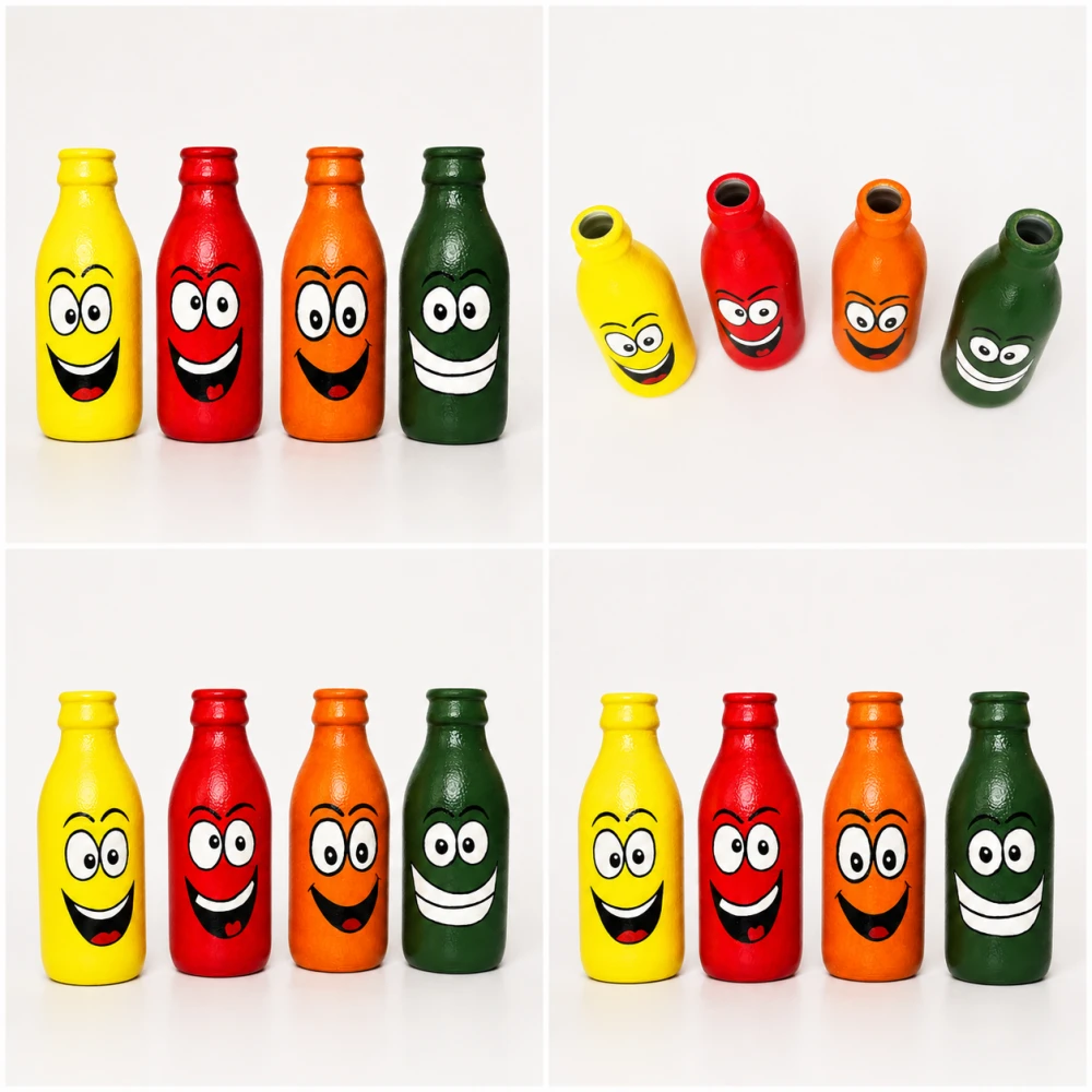 Rachnaya Happy Hues Set of 4 Hand-Painted Glass Bottle Vases | Colourful Handmade Smiley Decor for Kids Room, Desk & Gifting