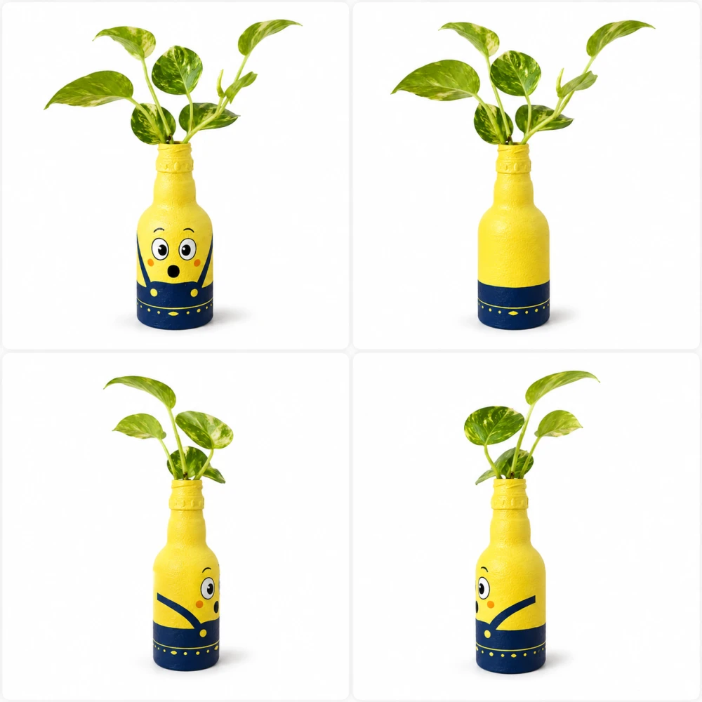 Rachnaya Sunny Buddy Hand-Painted Yellow Glass Bottle Vase | Cute Cartoon-Inspired Decorative Vase for Kids Room, Desk & Gifting