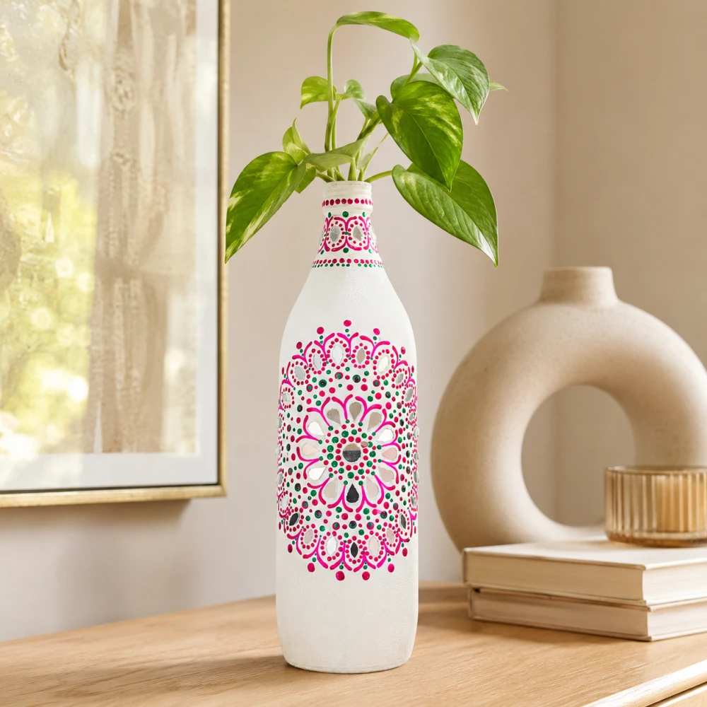 Rachnaya Gulabi Mandala Hand-Painted White Glass Bottle Vase | Handmade Mirror Work Mandala Vase for Home Decor & Gifting
