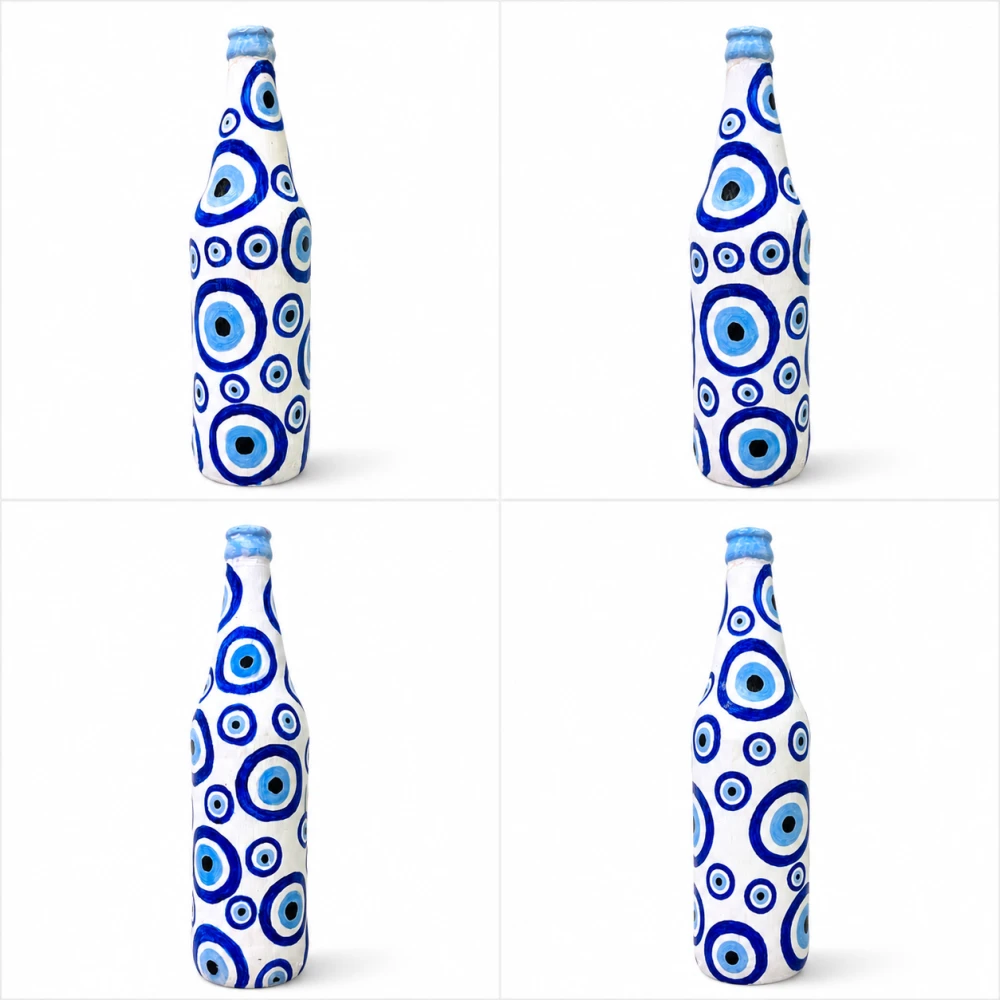 Rachnaya Neel Drishti Hand-Painted Evil Eye Glass Bottle Vase | Blue & White Handmade Decorative Vase for Home & Gifting
