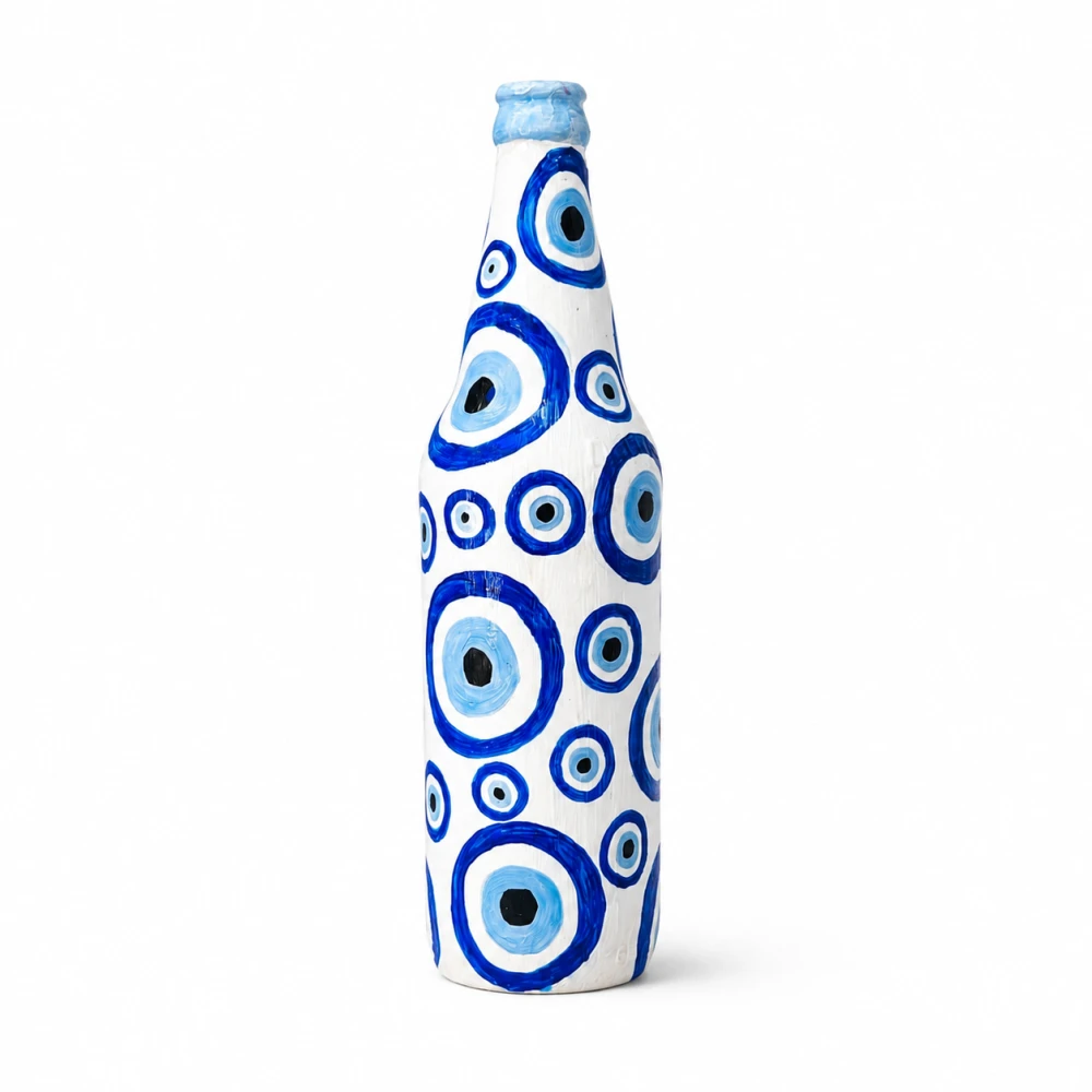 Rachnaya Neel Drishti Hand-Painted Evil Eye Glass Bottle Vase | Blue & White Handmade Decorative Vase for Home & Gifting