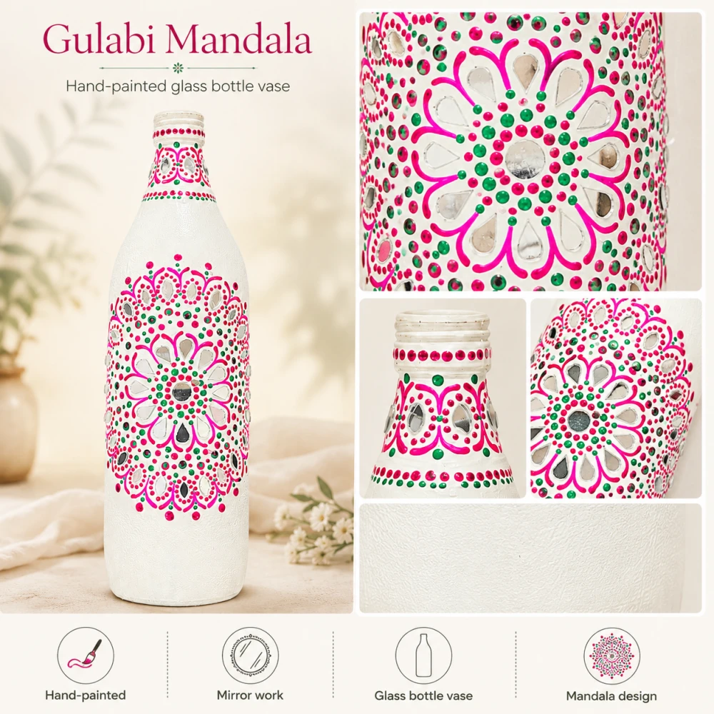 Rachnaya Gulabi Mandala Hand-Painted White Glass Bottle Vase | Handmade Mirror Work Mandala Vase for Home Decor & Gifting