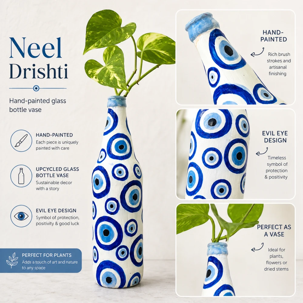 Rachnaya Neel Drishti Hand-Painted Evil Eye Glass Bottle Vase | Blue & White Handmade Decorative Vase for Home & Gifting