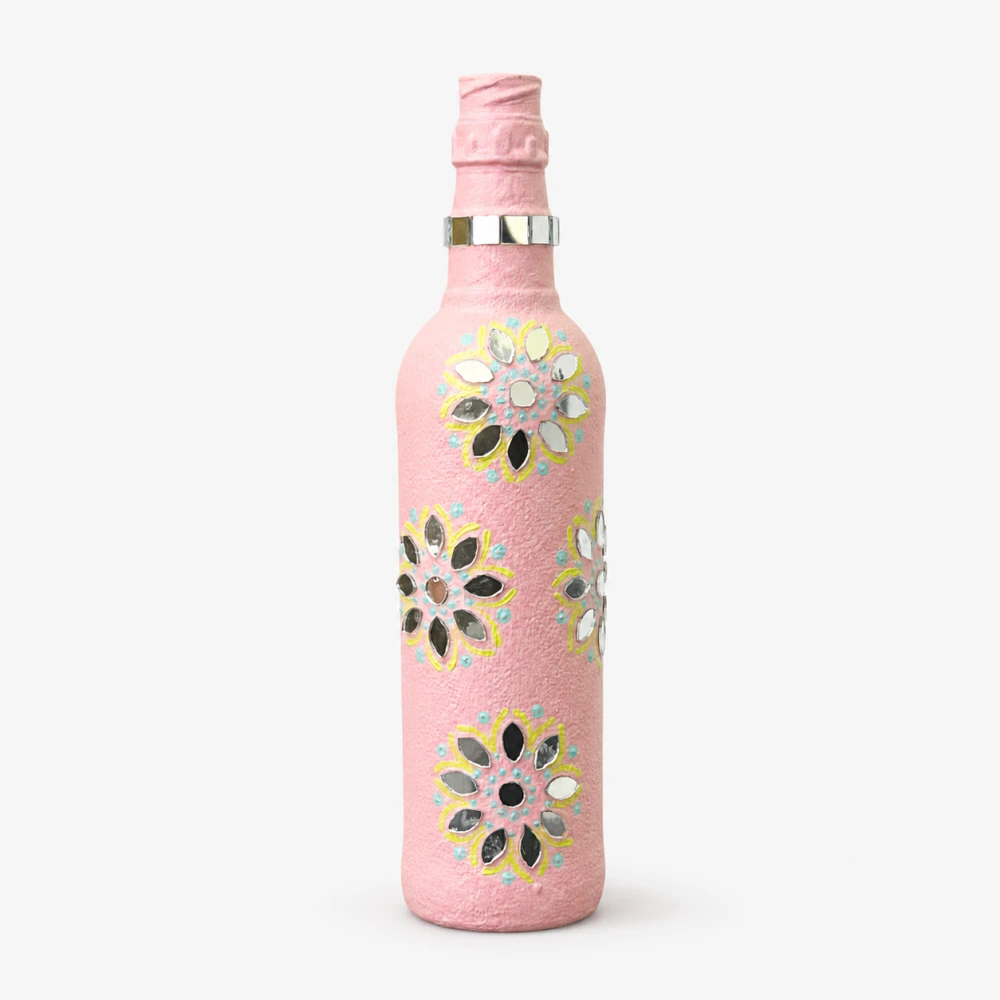 Rachnaya Petal Blush Handcrafted Glass Bottle Vase | Handmade Pink Mirror Work Decorative Vase for Home Decor & Gifting