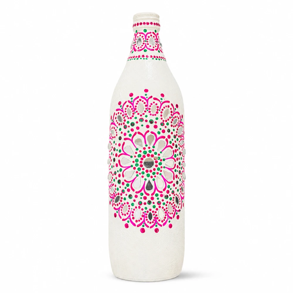 Rachnaya Gulabi Mandala Hand-Painted White Glass Bottle Vase | Handmade Mirror Work Mandala Vase for Home Decor & Gifting