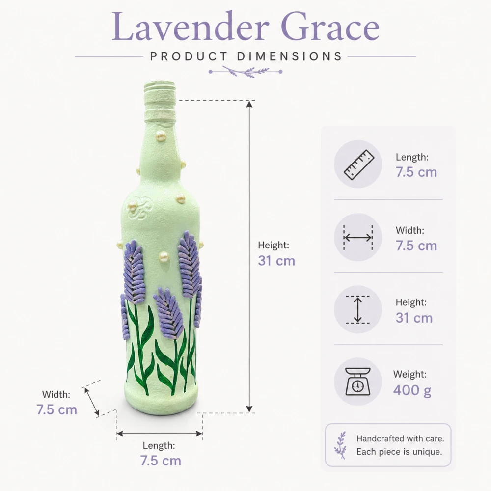 Rachnaya Lavender Grace Handcrafted Glass Bottle Vase | Lavender Floral Vase with Pearl Detailing for Home & Table Decor