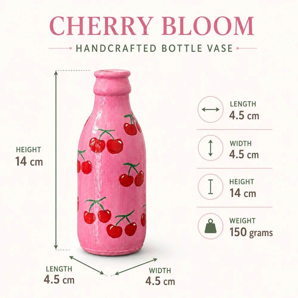 Rachnaya Cherry Bloom Set of 2 Hand-Painted Pink Glass Bottle Vases | Handmade Cherry Design Vases for Home Decor & Gifting