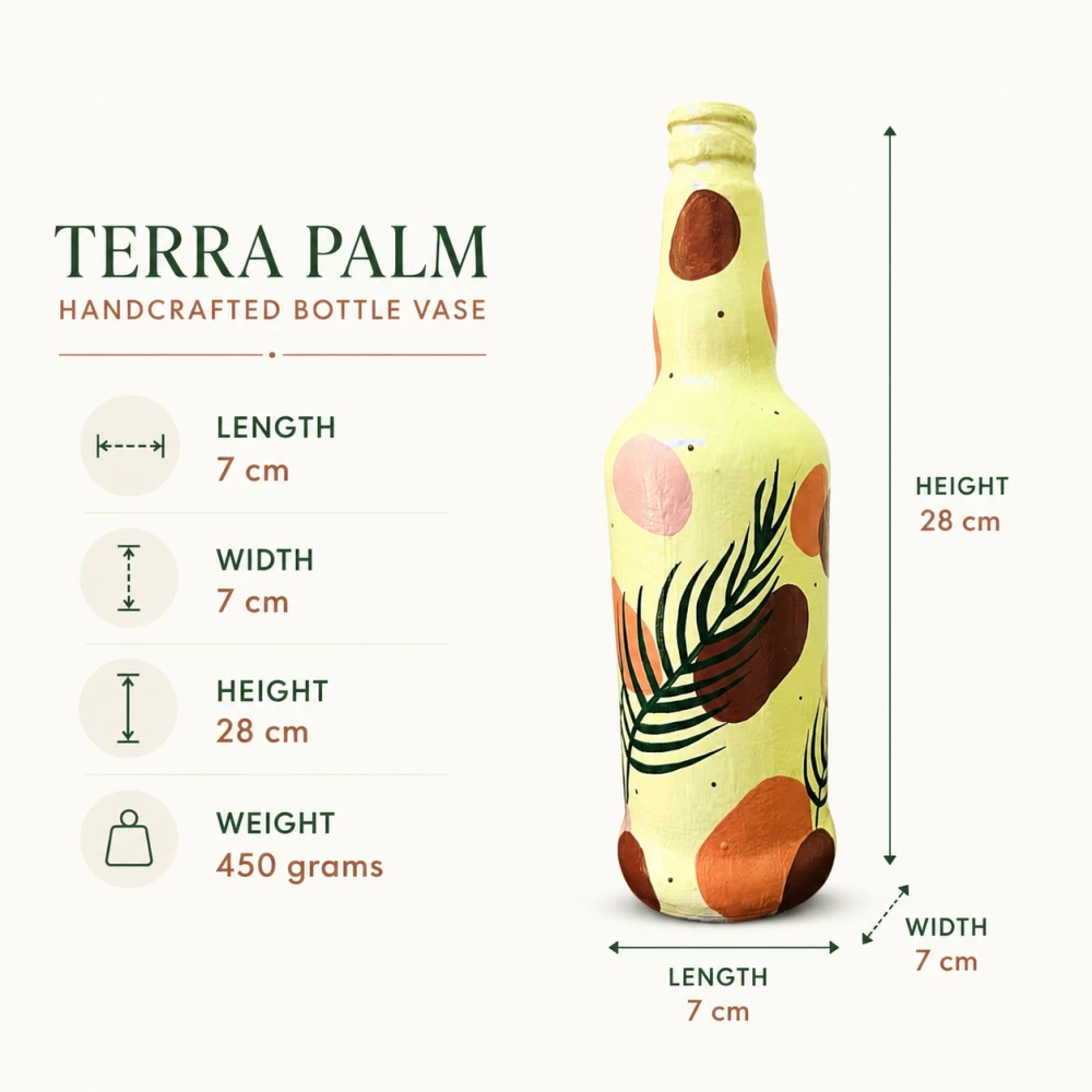Rachnaya Terra Palm Hand-Painted Glass Bottle Vase | Handmade Boho Tropical Leaf Decorative Vase for Home & Table Decor