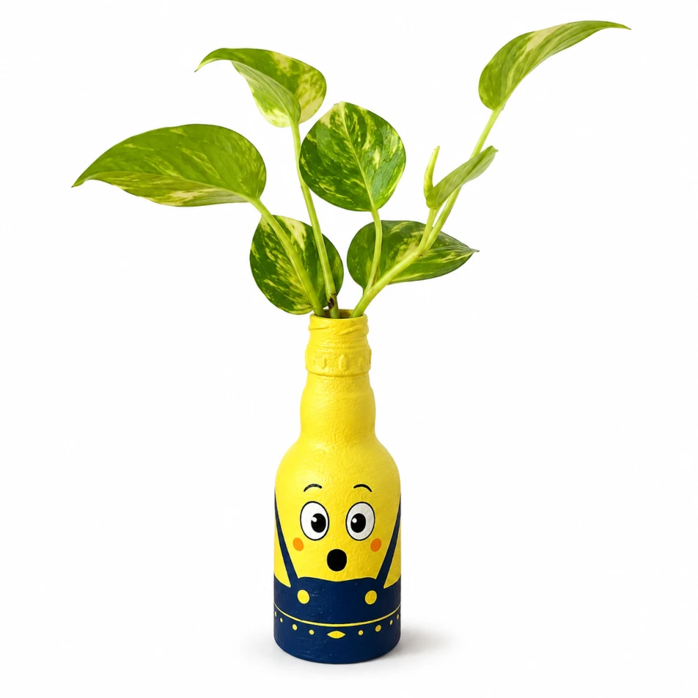 Rachnaya Sunny Buddy Hand-Painted Yellow Glass Bottle Vase | Cute Cartoon-Inspired Decorative Vase for Kids Room, Desk & Gifting