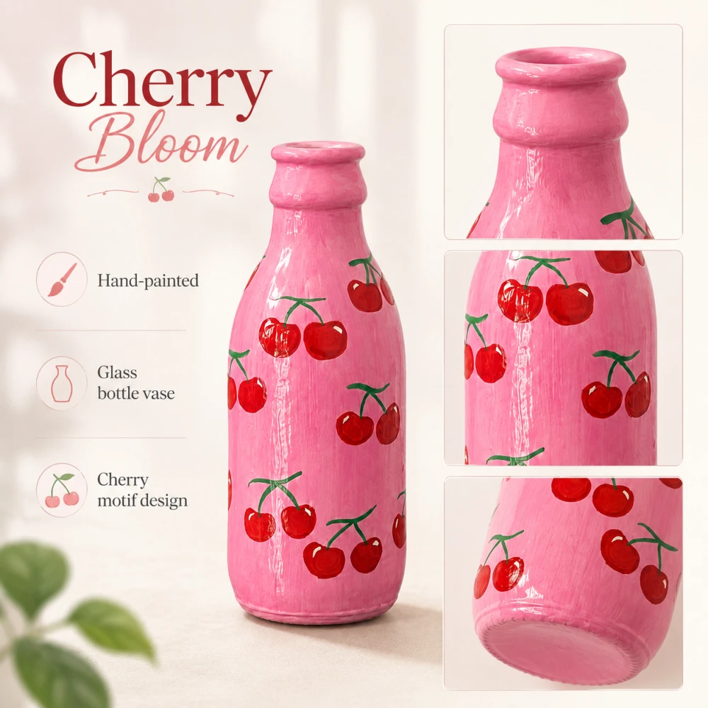 Rachnaya Cherry Bloom Set of 2 Hand-Painted Pink Glass Bottle Vases | Handmade Cherry Design Vases for Home Decor & Gifting