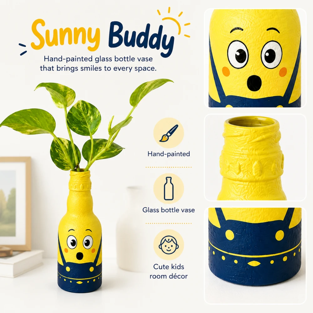 Rachnaya Sunny Buddy Hand-Painted Yellow Glass Bottle Vase | Cute Cartoon-Inspired Decorative Vase for Kids Room, Desk & Gifting