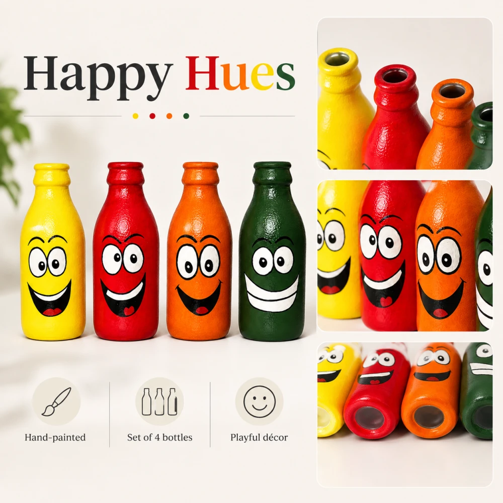 Rachnaya Happy Hues Set of 4 Hand-Painted Glass Bottle Vases | Colourful Handmade Smiley Decor for Kids Room, Desk & Gifting