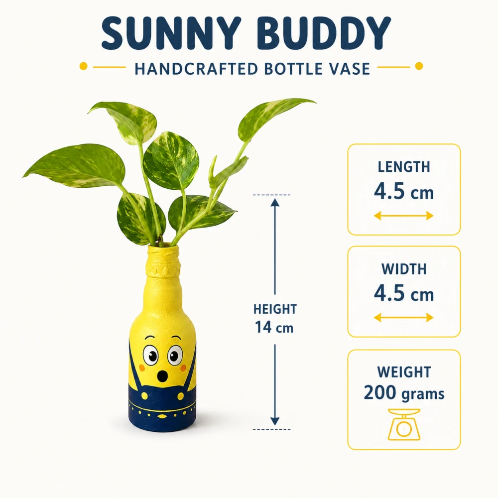 Rachnaya Sunny Buddy Hand-Painted Yellow Glass Bottle Vase | Cute Cartoon-Inspired Decorative Vase for Kids Room, Desk & Gifting