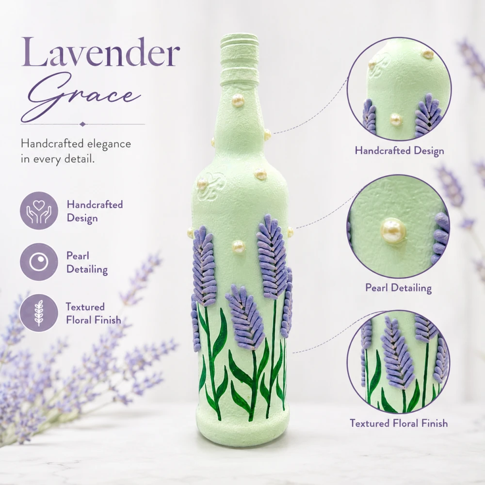 Rachnaya Lavender Grace Handcrafted Glass Bottle Vase | Lavender Floral Vase with Pearl Detailing for Home & Table Decor