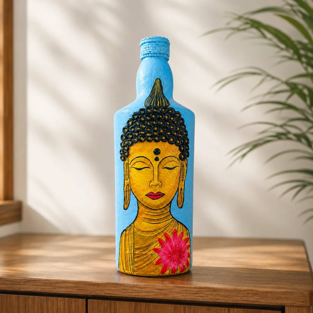 Rachnaya Bodhi Grace Hand-Painted Buddha Bottle | Handmade Decorative bottle, Living Room & Meditation Decor