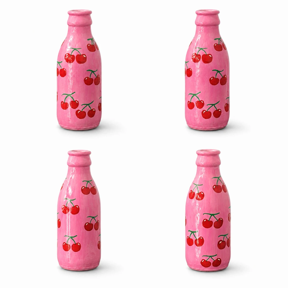 Rachnaya Cherry Bloom Set of 2 Hand-Painted Pink Glass Bottle Vases | Handmade Cherry Design Vases for Home Decor & Gifting